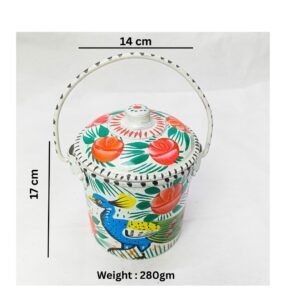 white Artisan Metal Bucket (Size : 17cmx14cm)– Ethnic Pakistani Decorative Craft for Shelves, Tables and Gifting , multi colour beautiful design