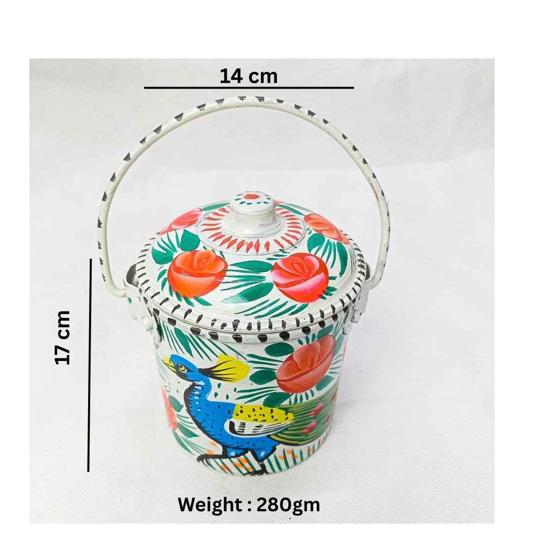 white Artisan Metal Bucket (Size : 17cmx14cm)– Ethnic Pakistani Decorative Craft for Shelves, Tables and Gifting , multi colour beautiful design - Image 2
