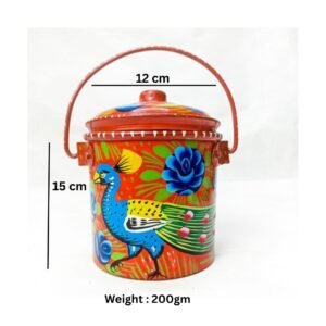 Truck Art Peacock Design Bucket(Size : 15cmx12cm) red Hand Painted Bucket, Traditional Pakistani Truck Art Bucket with Lid, Best for Home decor, Hand Crafted Bucket