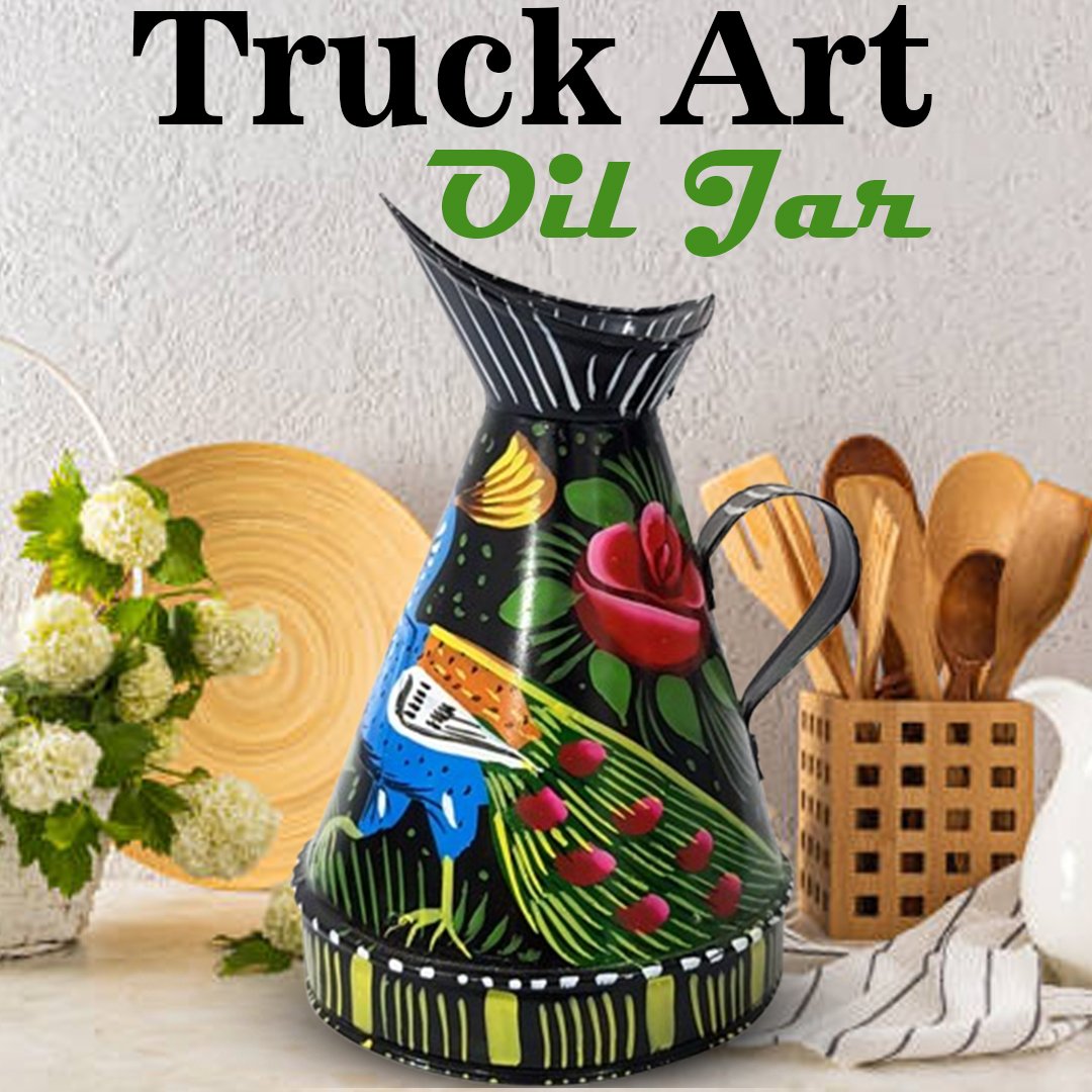 Front view of Folk Truck Art Oil Jar