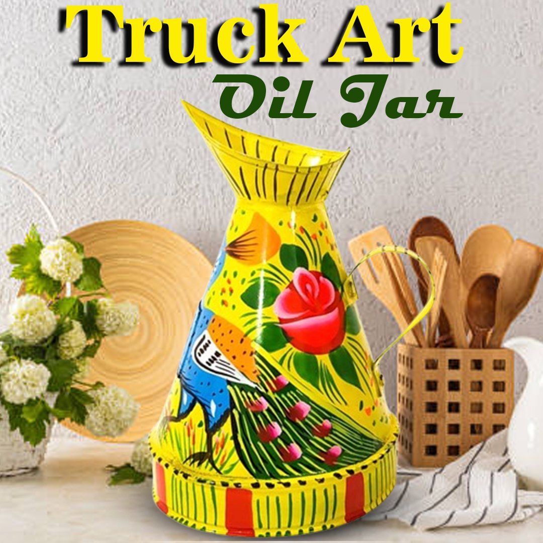 Front view of Yellow Truck Art Oil Jar