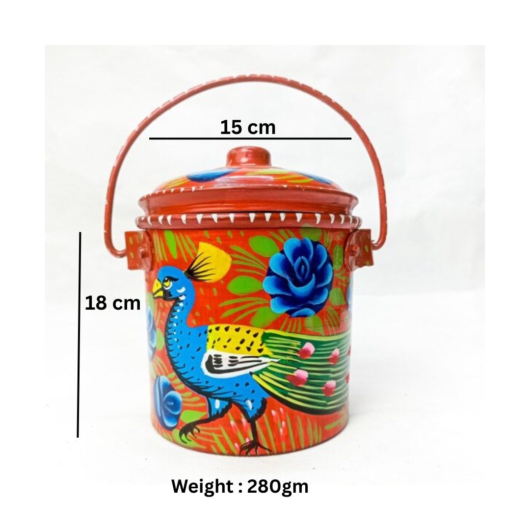 Truck Art red bucket (18 cm x 15cm) , Handmade multicolor design bucket , Best gift for art lover , Best use for small plant and flower - Image 2