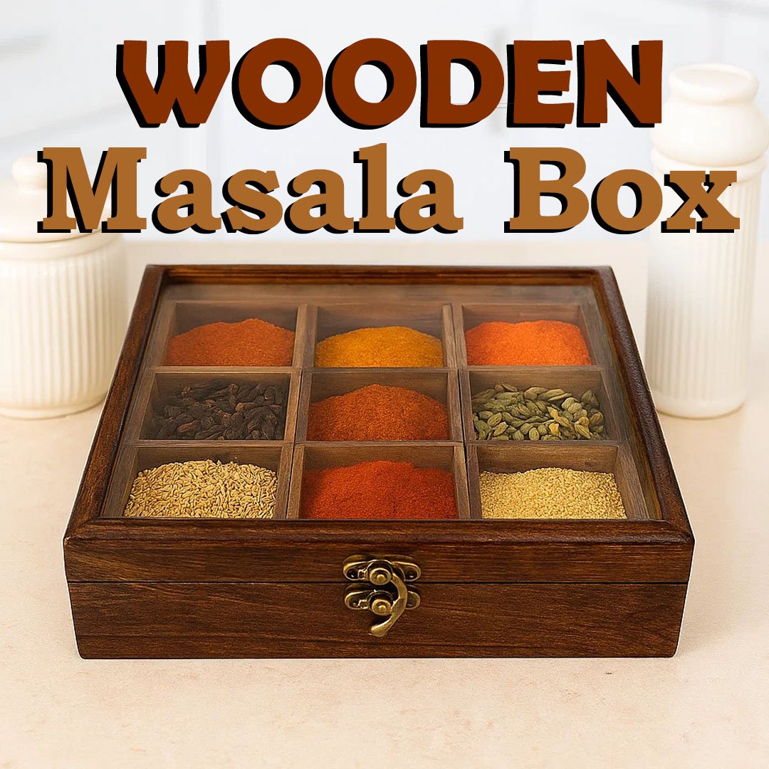 Handcrafted Wooden Masala Box with Glass Lid
