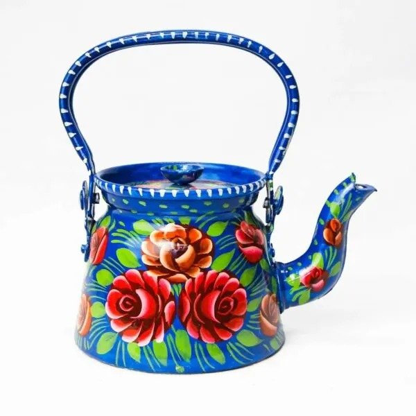 Close up Blue Pakistani kettle with bird design