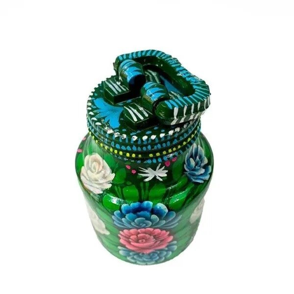 Top view of Hand-painted green ghee bucket