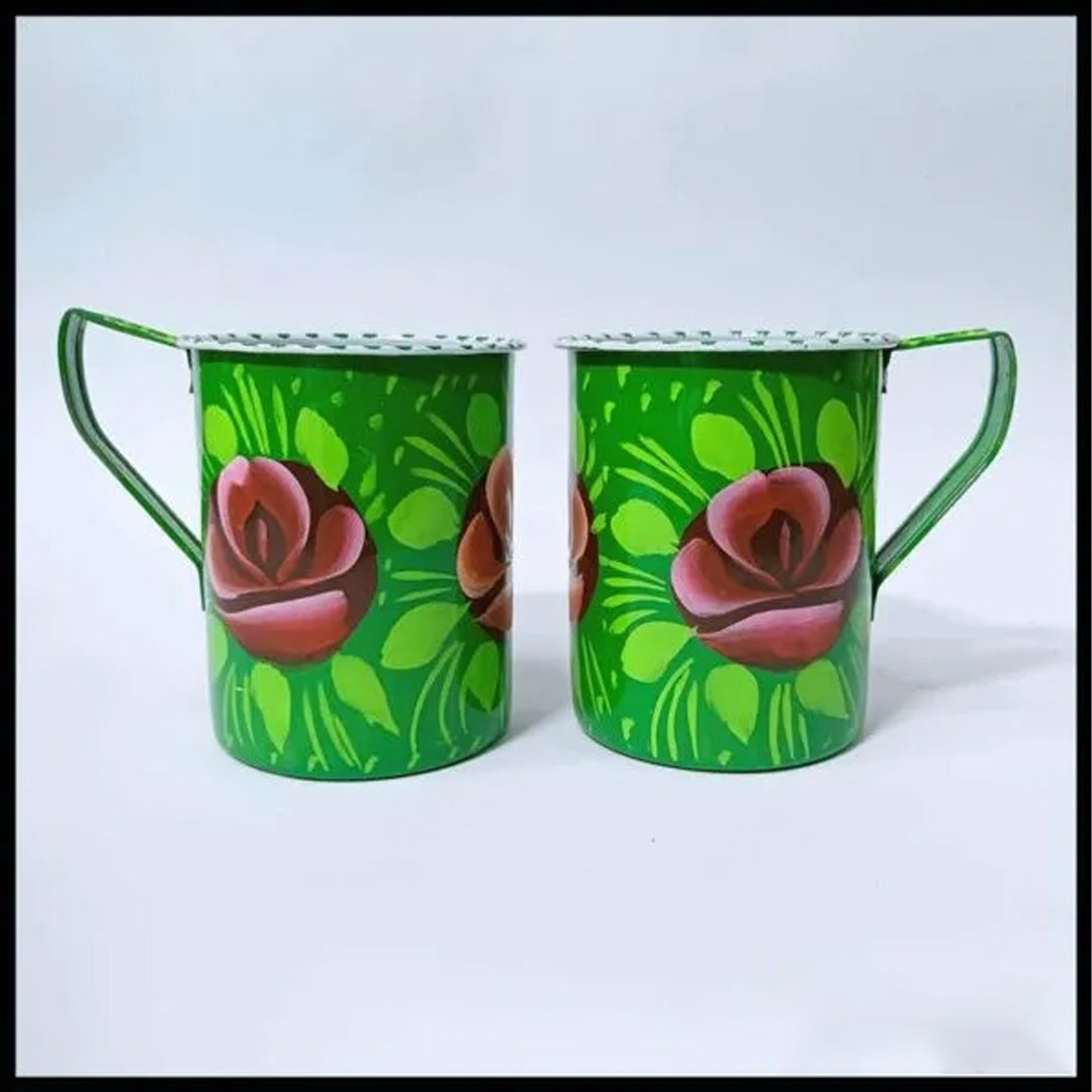 Full view of Green truck art cups with floral design