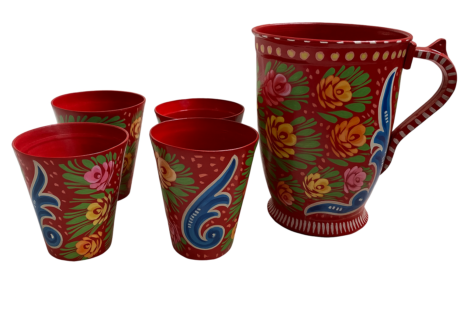 Close-up of floral and paisley patterns on red hand-painted mugs