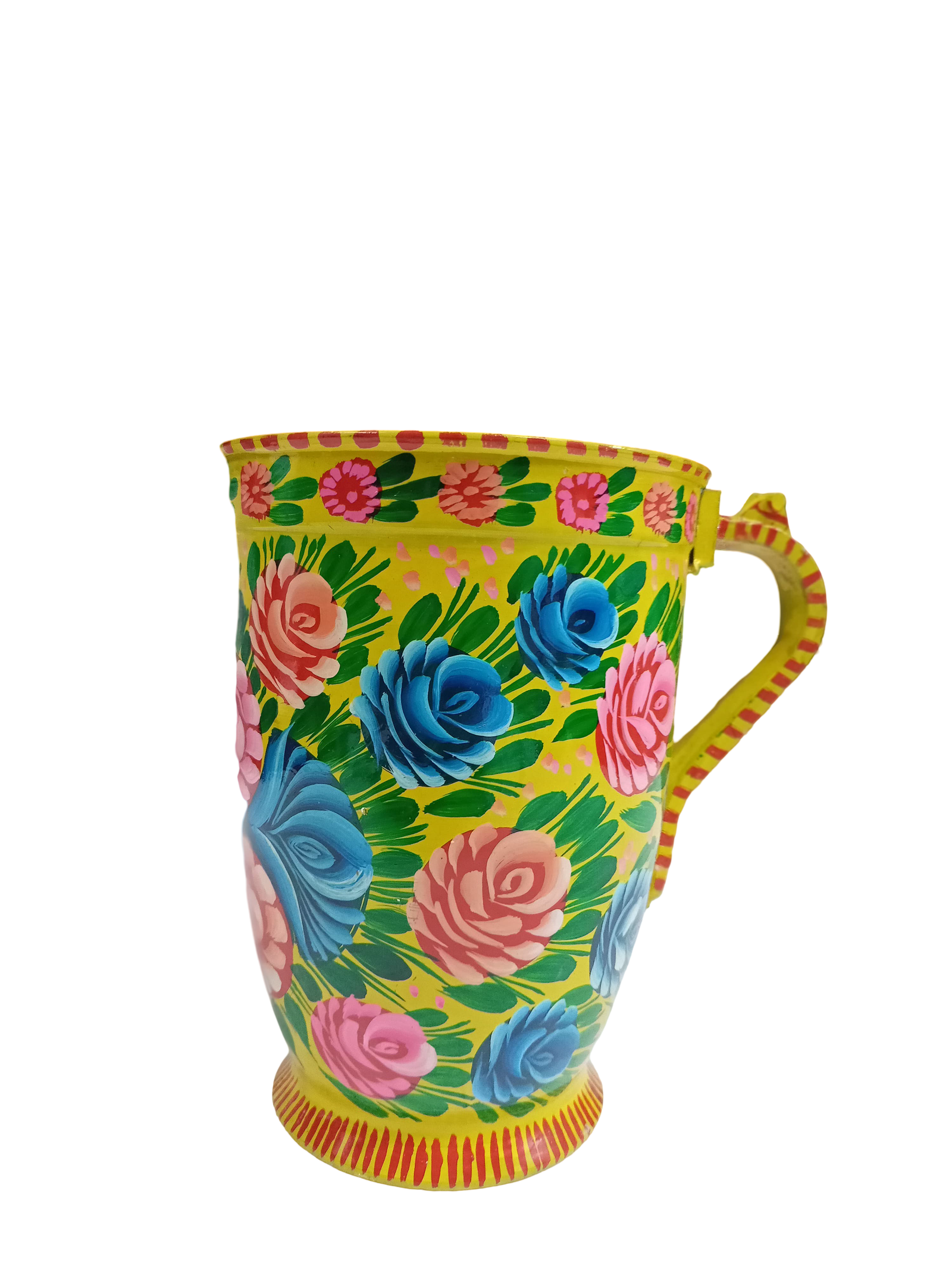 Front view of pastel-colored truck art jug – decorative metal pitcher