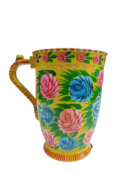 Left angle of blue and pink floral truck art jug – hand-painted Left angle of blue and pink floral truck art jug – hand-painted