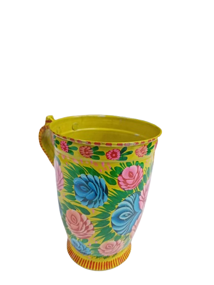 Back handle view of truck art water jug – detailed folk art