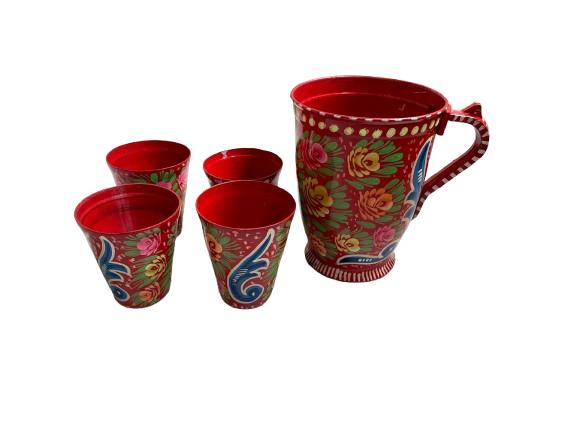 Colorful Truck Art drinkware set with floral and peacock designs