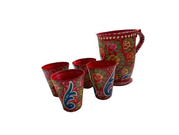 Top-down view of open red Truck Art mugs in a 5-piece layout