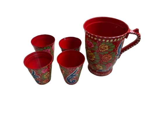 Handcrafted red mugs with desi truck art – grouped perspective