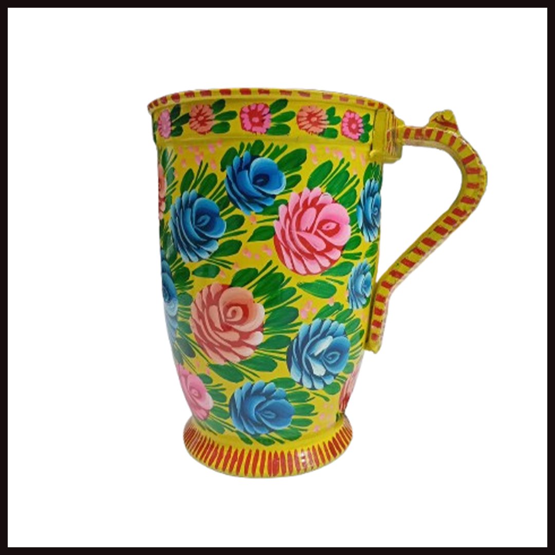 Side angle of floral truck art water jug – pink and blue flowers
