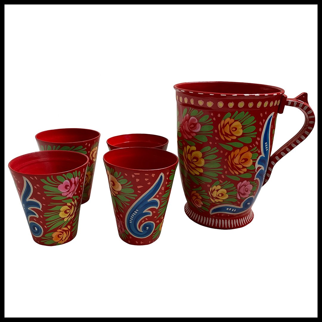 Traditional Pakistani Truck Art mugs – angled view of red 5-piece set
