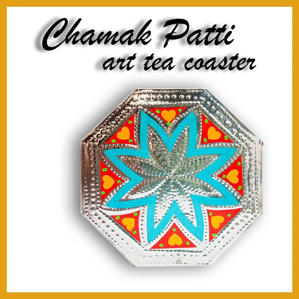 "Chamak Patti art tea coaster product image with label"