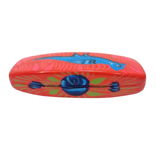 Back angle of red Truck Art Glass Case with traditional floral patterns
