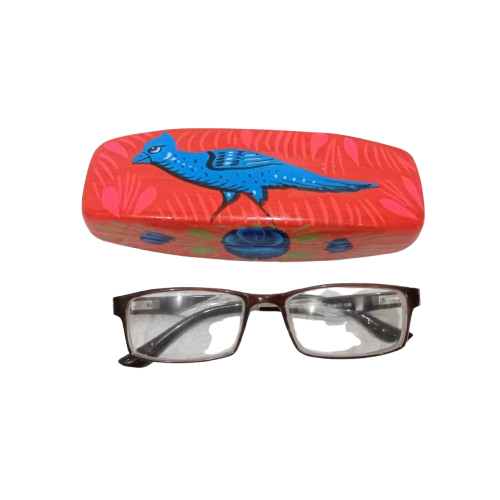 Angled side view of Truck Art Glass Case with blue bird and glasses shown