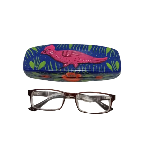 Front-facing blue truck art glasses case with floral bird design
