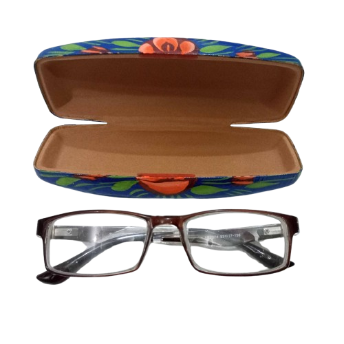 Open blue hand-painted glasses case showing white padded interior