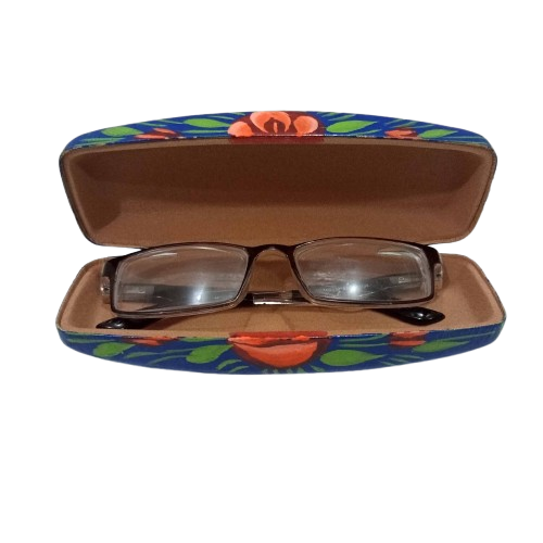 Blue truck art eyeglass case with glasses placed beside – hand-painted
