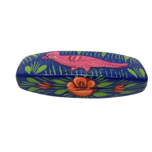 Top view of blue truck art glasses case with detailed pink bird motif