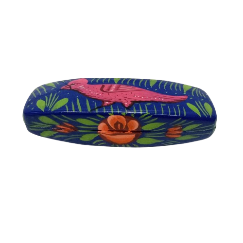 Bottom view of hand-painted blue glasses case – truck art inspired