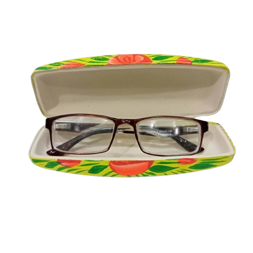 Open hand-painted glasses case showing inner lining