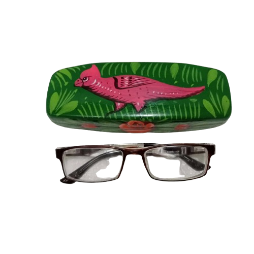 Truck Art glass case with pink bird design, shown with eyeglasses