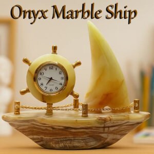Handcrafted Onyx Marble Ship with Clock Size: 12cm