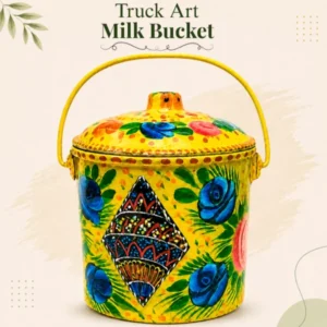Pakistani Traditional Yellow Truck Art Bucket (Size : 18cmx15cm) Hand painted design Bucket, Truck Art decor Bucket, Best for Gardeners, Bucket With lid