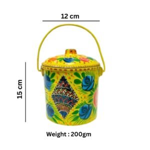 Elegant Yellow Metal Bucket– (Size : 15cmx12cm) Colourful Pakistani Folk Art Container for Home Decoration and Traditional Gifting