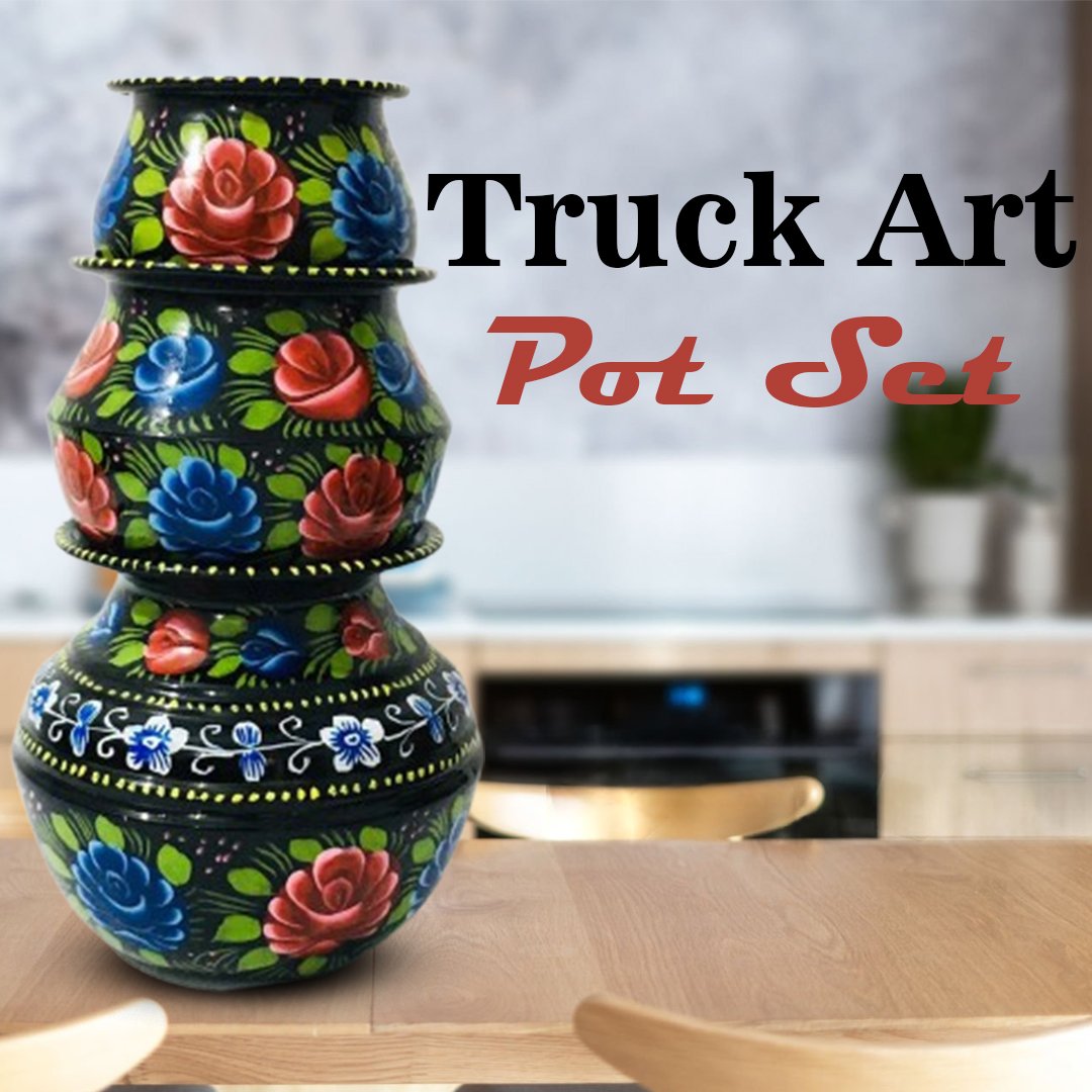 Truck Art Pot Set/Pakistani Hand Painted Matki Set/Truck Art Pakistan Home Decoration Handi Set/Pakistani Handicraft/Best Gift Item (3 pcs)