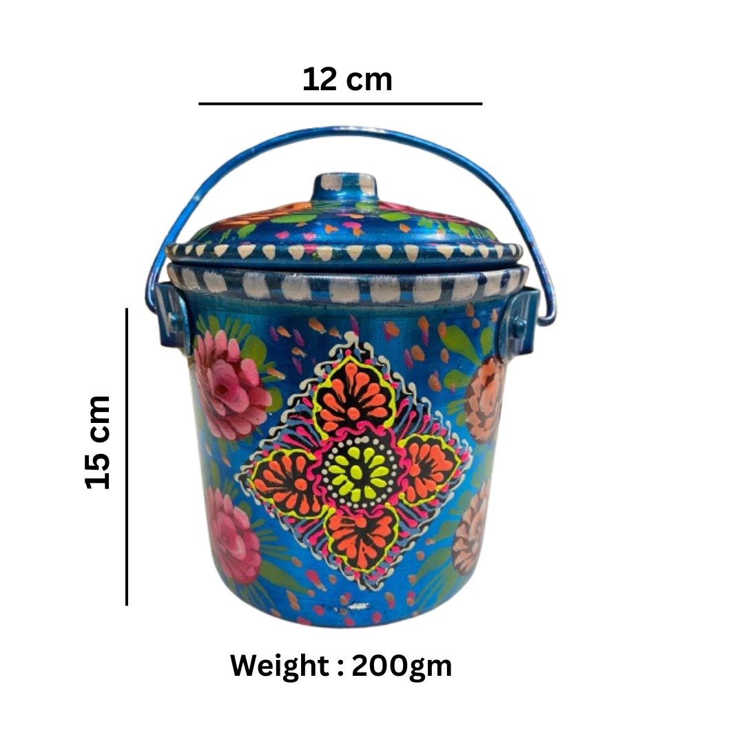 Blue Floral Metal Bucket with Lid (Size : 15cmx12cm)– Traditional Hand-Painted Pakistani Truck Art for Kitchen Storage, Home Décor , best Gift for mother - Image 2