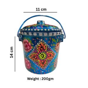 Beautiful Blue Metal Bucket with Hand-Painted Flower Design (Size : 14cmx11cm)– Traditional Pakistani Truck Art Decoration for Kitchen , Home Decor and Family Gifts
