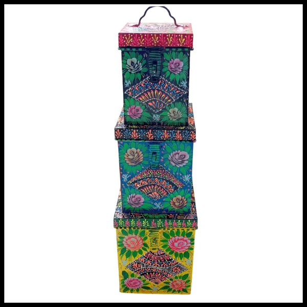 Truck Art Kanaster Set – Hand-Painted 3-Piece Decorative Storage Tins