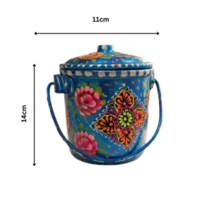 Beautiful Blue Metal Bucket with Hand-Painted Flower Design (Size : 14cmx11cm)– Traditional Pakistani Truck Art Decoration for Kitchen , Home Decor and Family Gifts