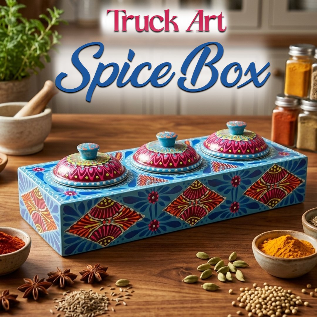 Truck Art 3 Jar Spice Box – Vibrant Wooden Storage Organizer