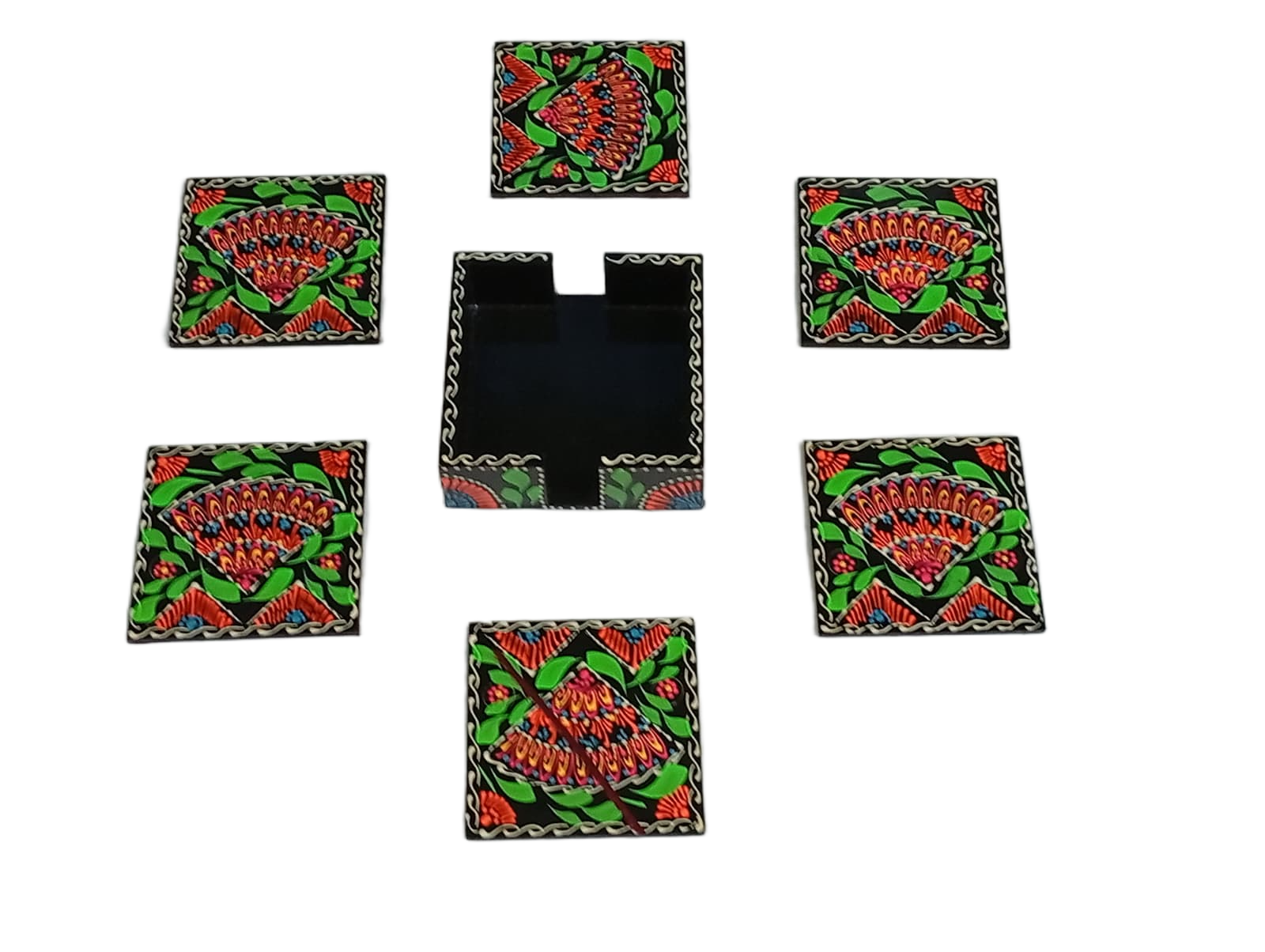 Truck Art Tea Coaster Set of 6 with Holder – Handmade Traditional Pakistani Design - Image 4