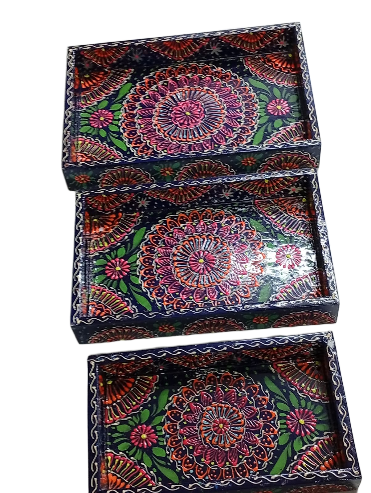 Handcrafted 3-Piece Bundi Tray Set – Decorative Serving & Display Trays - Image 5