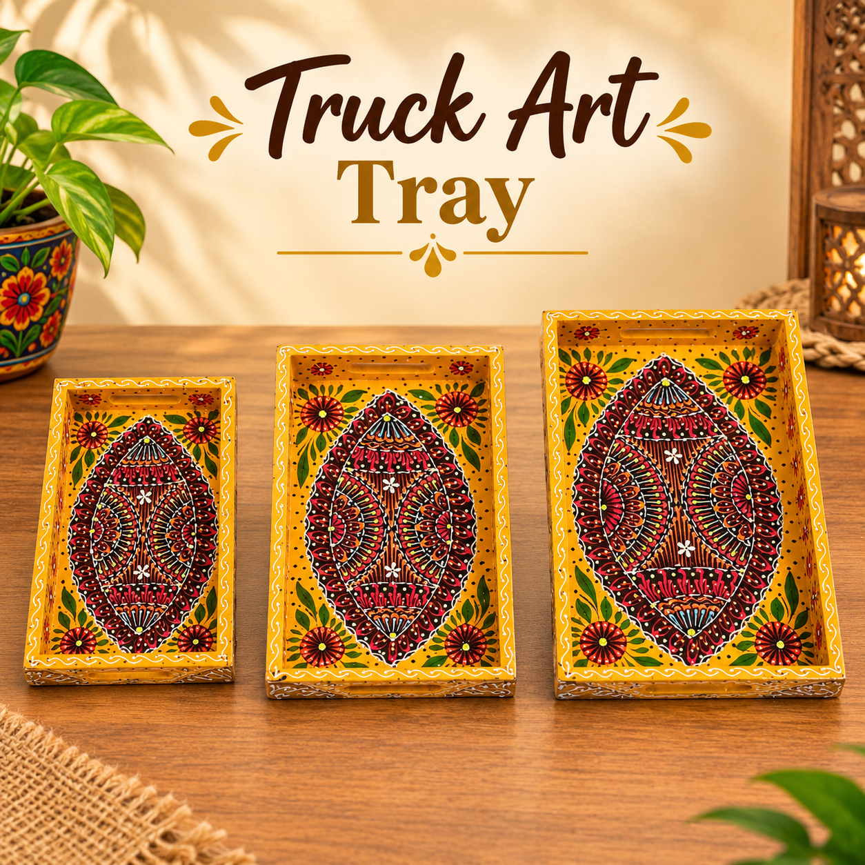Handcrafted 3-Piece Bundi Tray Set – Decorative Serving & Display Trays