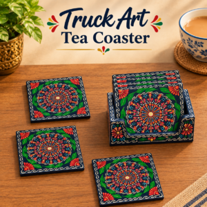 Truck Art Tea Coaster Set of 6 with Holder – Handmade Traditional Pakistani Design
