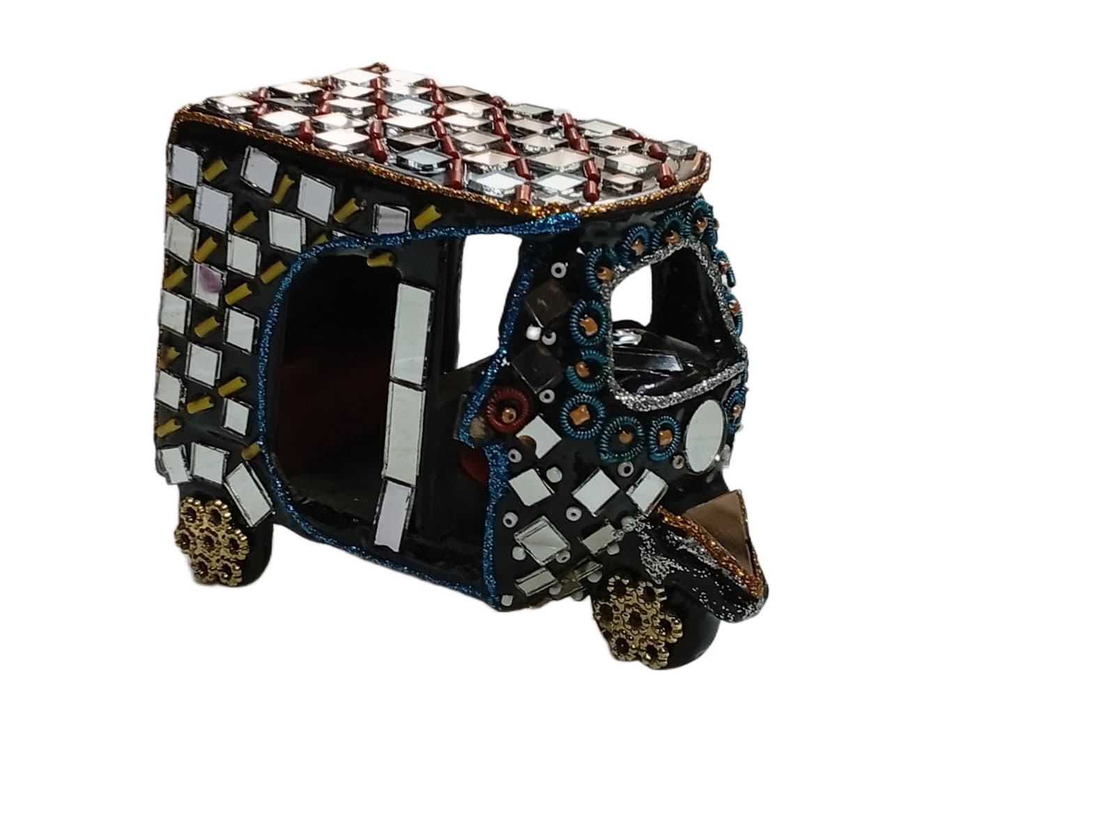 Decorative Mirror Work Rickshaw (L-10cm, W-5cm, H-7.5cm) - Image 3