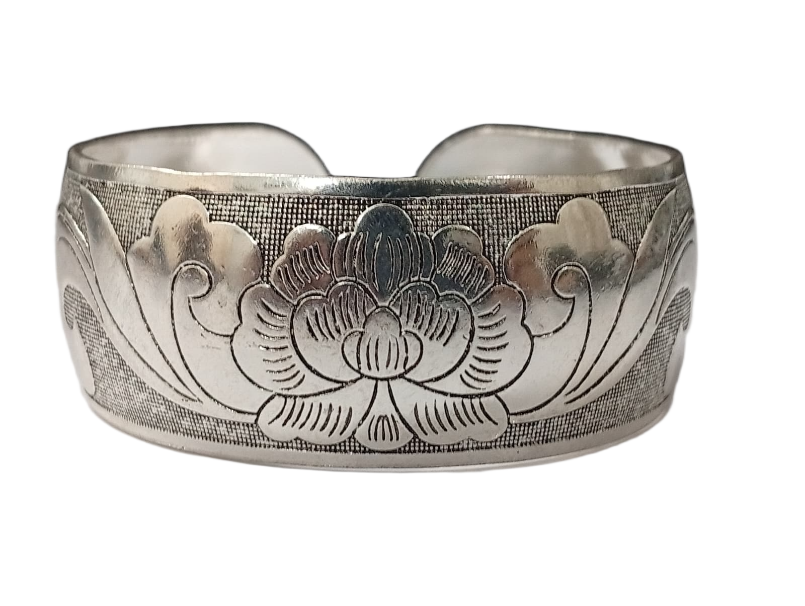 Handcrafted Traditional Floral Engraved Metal Cuff Bracelet - Image 2
