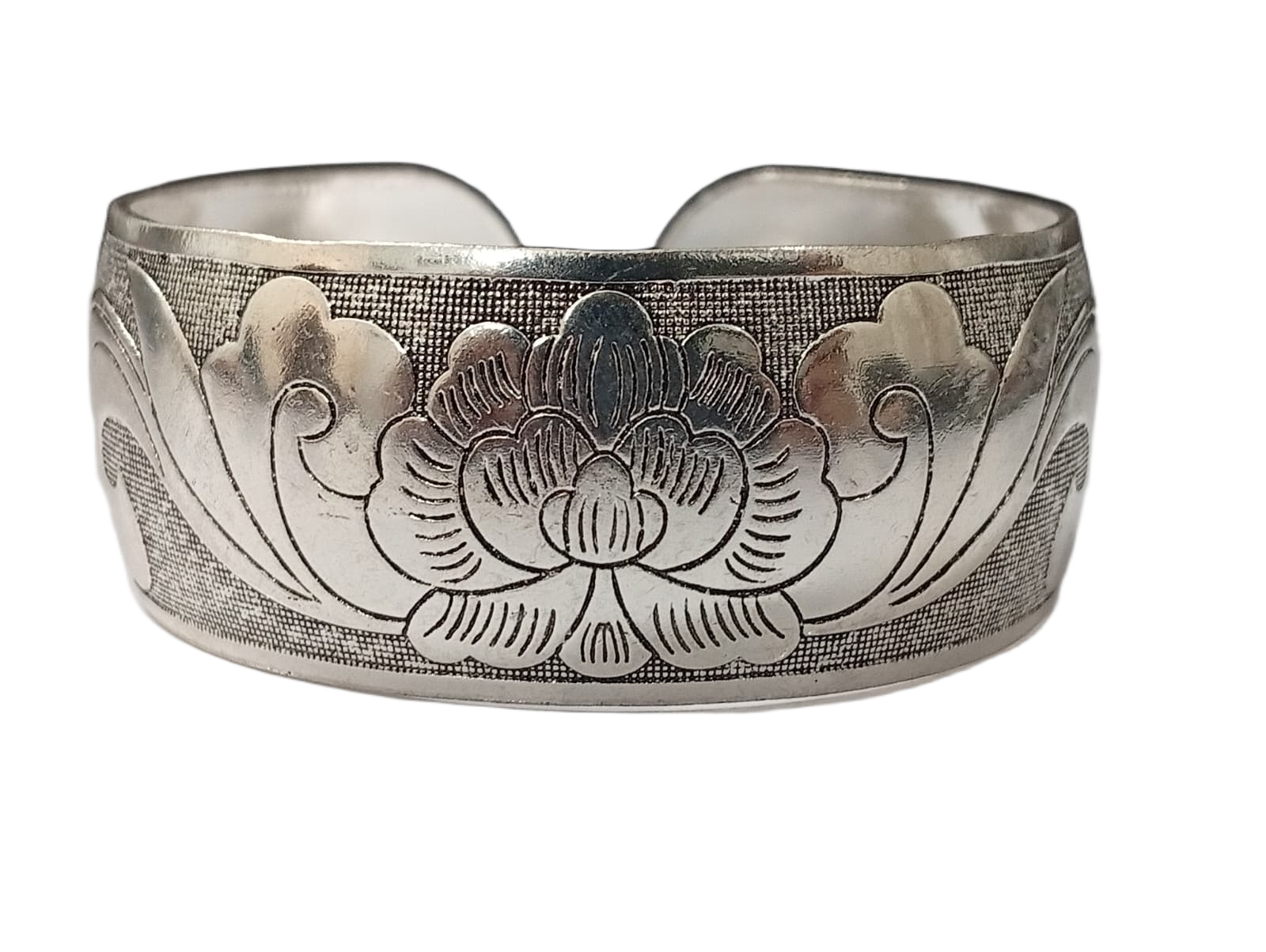 Handcrafted Traditional Floral Engraved Metal Cuff Bracelet - Image 3