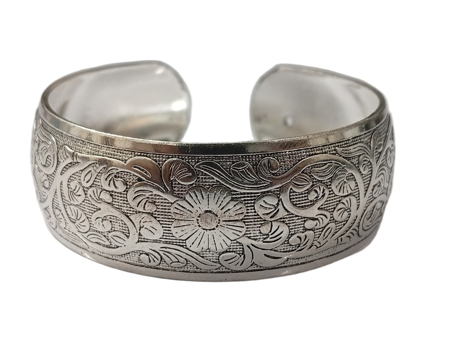 Handcrafted Traditional Floral Engraved Metal Cuff Bracelet - Image 2