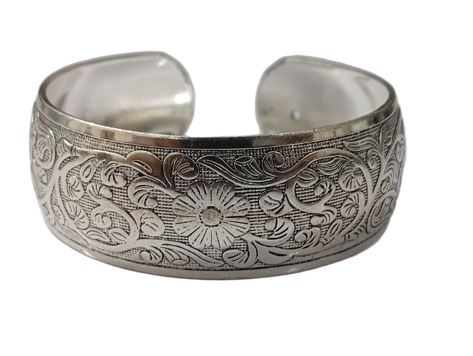 Handcrafted Traditional Floral Engraved Metal Cuff Bracelet - Image 3