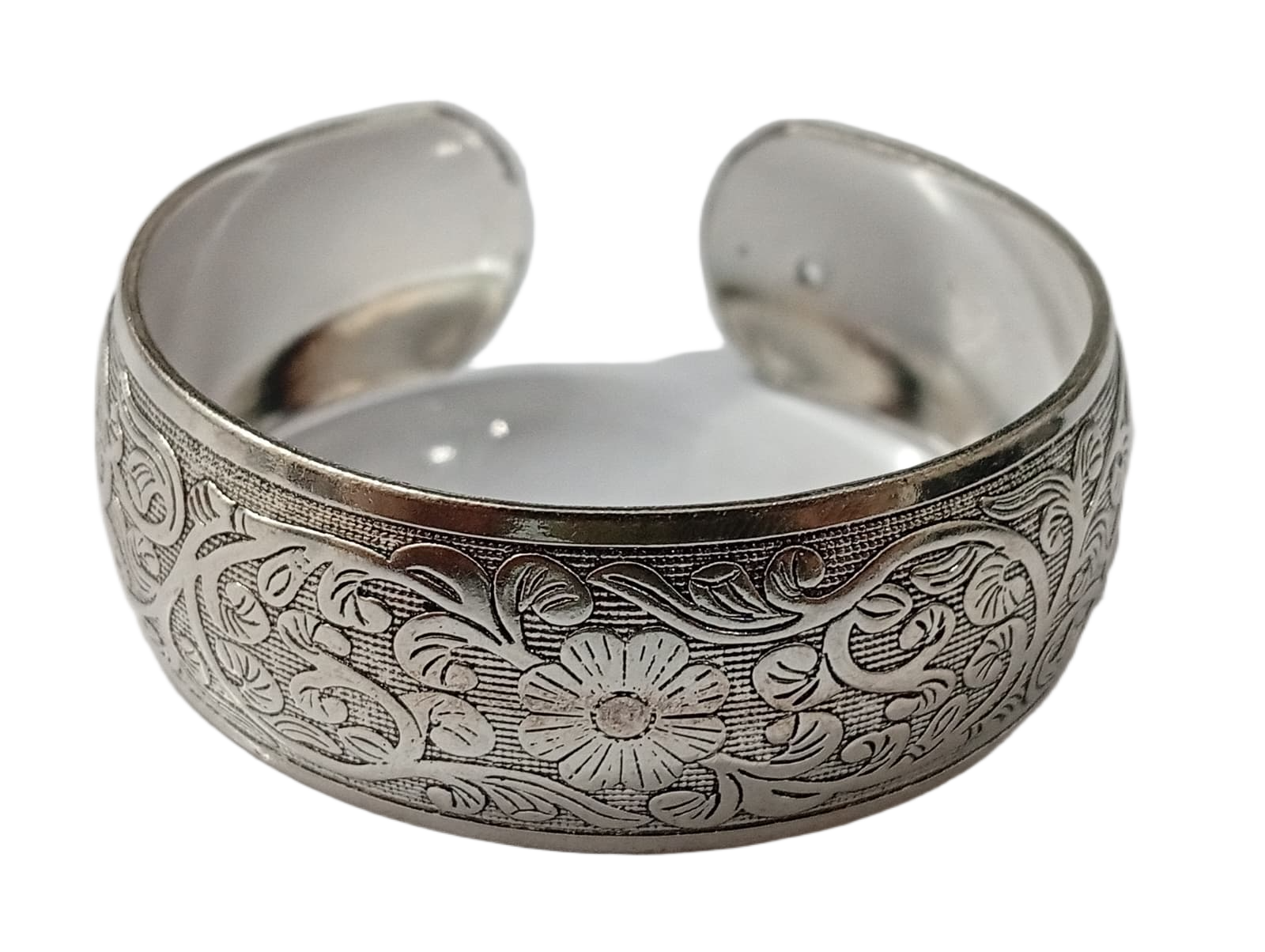 Handcrafted Traditional Floral Engraved Metal Cuff Bracelet - Image 6