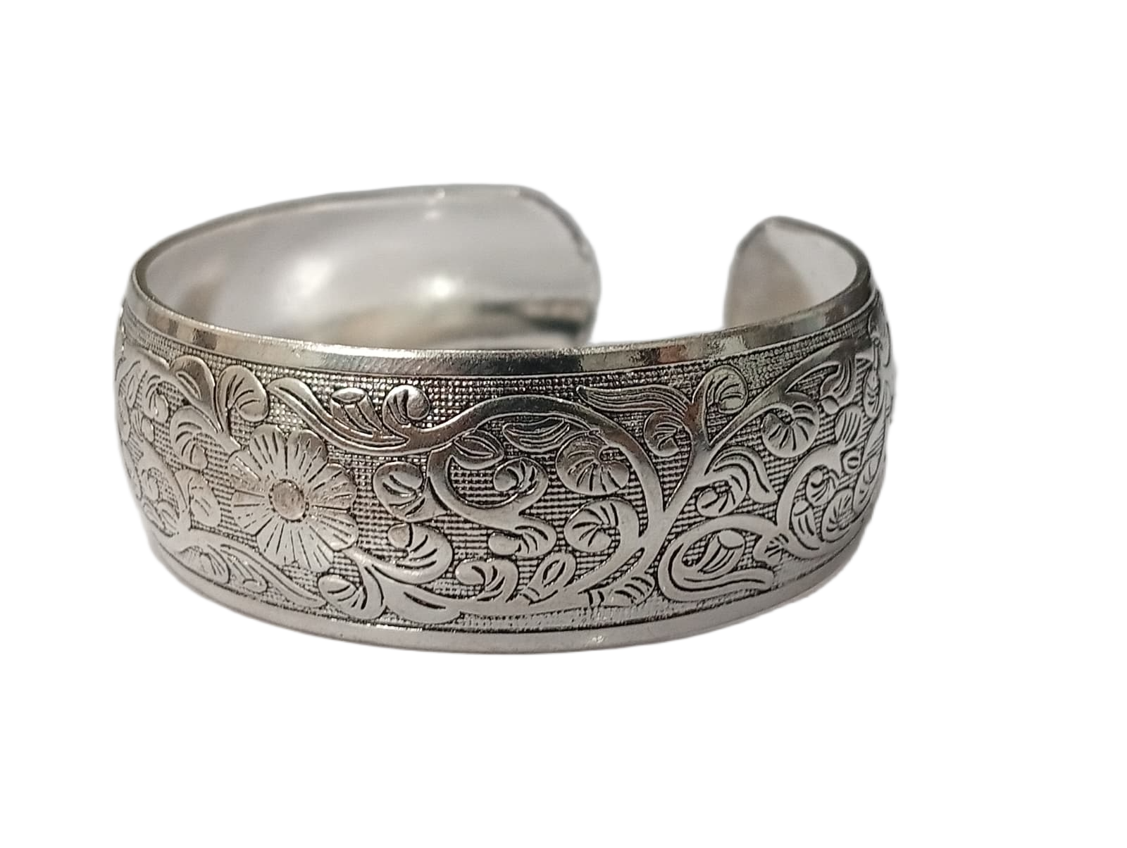 Handcrafted Traditional Floral Engraved Metal Cuff Bracelet - Image 7
