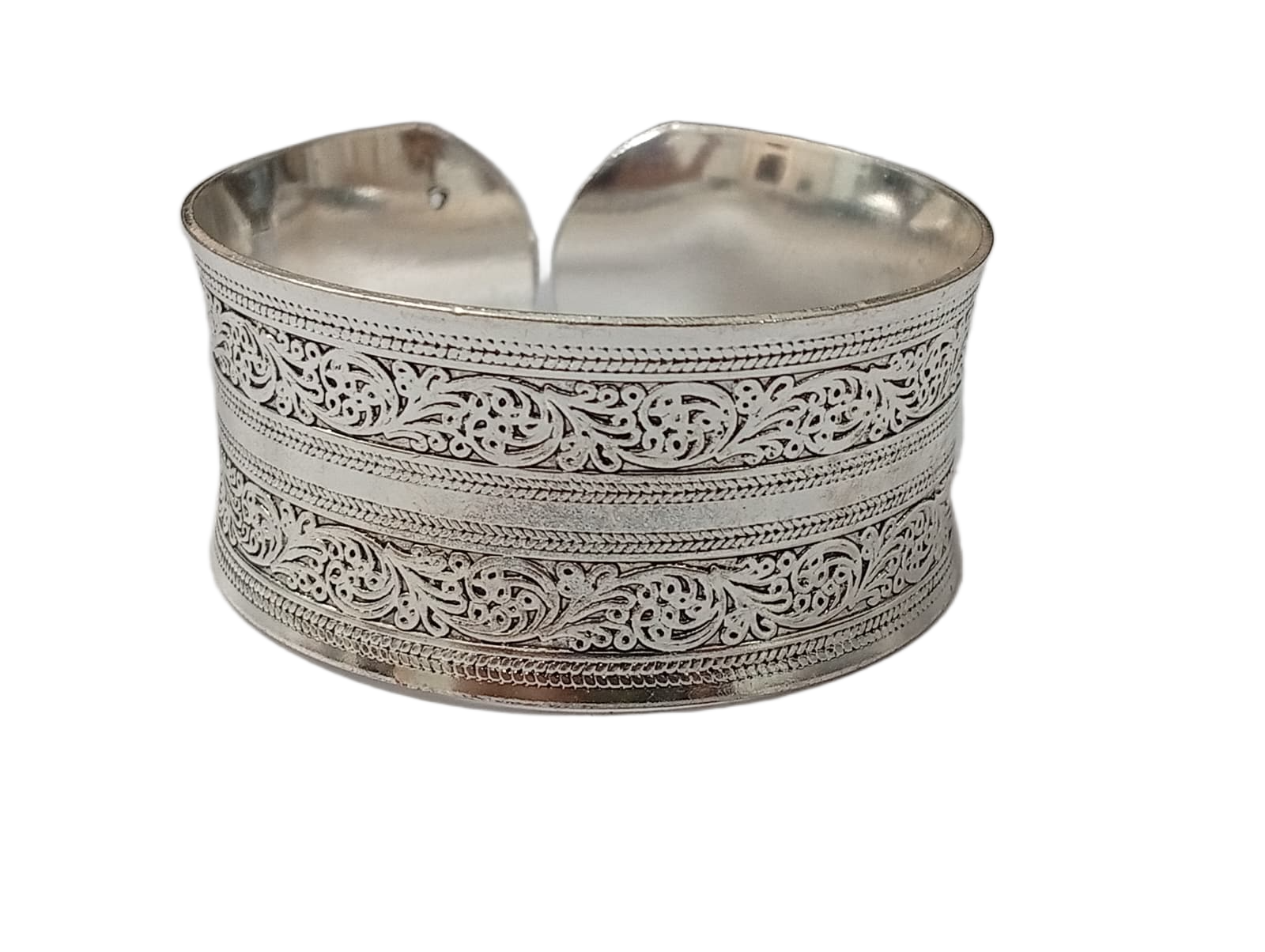Handcrafted Traditional Floral Engraved Metal Cuff Bracelet - Image 2